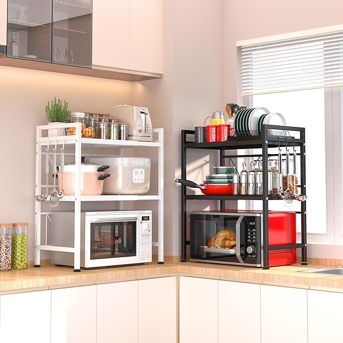 PUSDON 3-Tier Expandable Microwave Oven Rack, Countertop Baker's Rack Style Shelf, Heavy Duty Adjustable Standing Shelf with Hooks, 160lbs Capacity Kitchen Space Saver, Matte Black