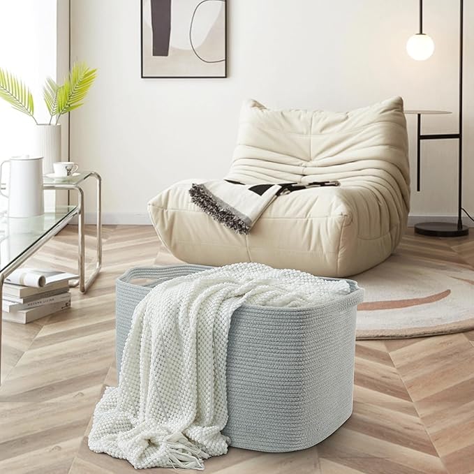 MEGASKET Extra Large Rectangle Storage Basket, 23.6" x 17" x 12" Gray Blanket Storage for Living Room, Large Soft Woven Cotton Rope Bin for Organizing, Kids Dog Wicker Toy Box Organizer