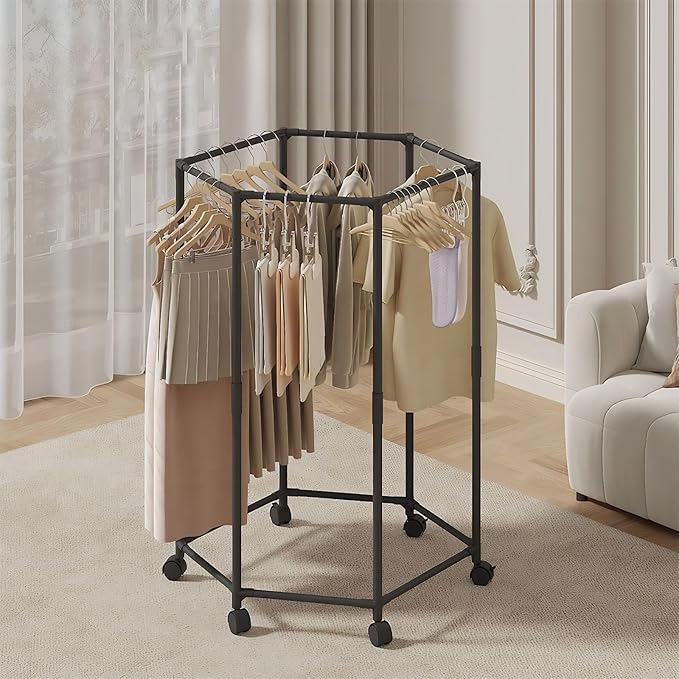 Clothes Rack with Wheels, Hexagonal Rolling Clothing Rack for Hanging Clothes, Clothes Drying Rack, Garment Storage for Bedroom, Laundry, Balcony (47" H)