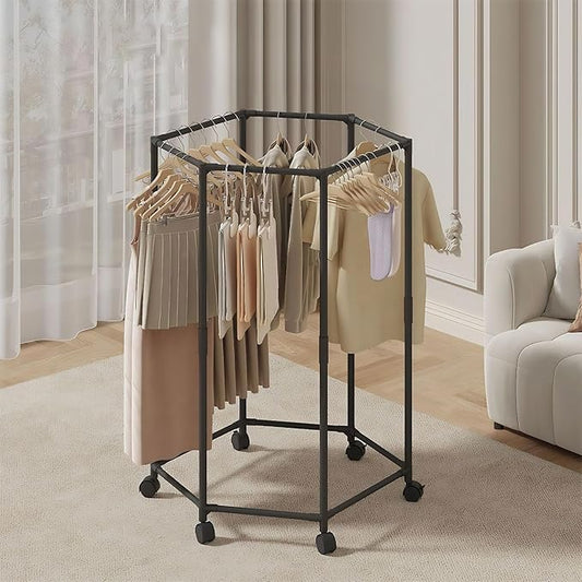 Clothes Rack with Wheels, Hexagonal Rolling Clothing Rack for Hanging Clothes, Clothes Drying Rack, Garment Storage for Bedroom, Laundry, Balcony (47" H)