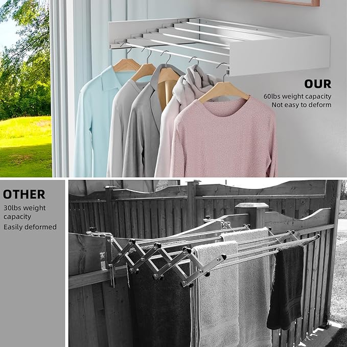 ZMBESUP Wall Mounted Clothes Drying Rack, 31.5" Foldable Collapsible Laundry Rack, Heavy Duty 60 lb Capacity Hidden Space Saver, Includes Wall Template for Laundry Room Indoor Outdoor Balcony (White)