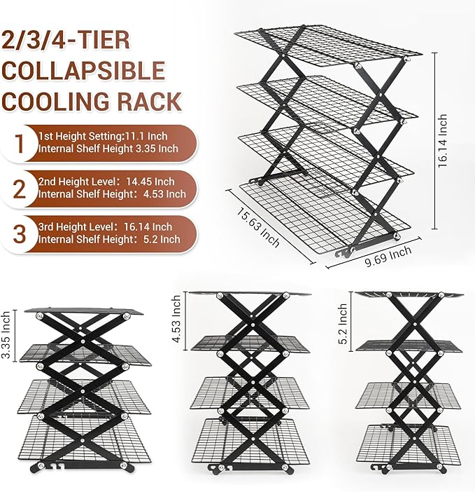 Collapsible Cooling Racks for Cooking and Baking - 4-Tier Adjustable Baking Rack, Cookie Cooling Rack & Bakers Rack, Essential Baking Supplies for Home Bakers, Non-Stick Cookie Rack