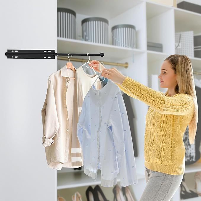 12" Valet Rod Standard for Closet, Slide Out Closet Valet Rod - 12" to 22", Polished Chrome Finish, Heavy-Duty 40lbs Capacity (Black)