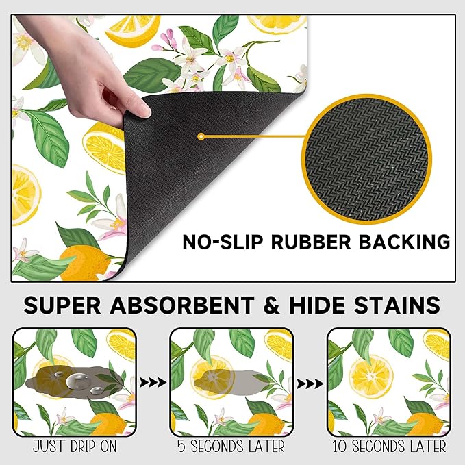 Lemon Floral Coffee Drying Mat 12" x 19", Non-Slip Absorbent Quick-Dry Mat, Coffee Station Accessory for Countertop Protection Decor