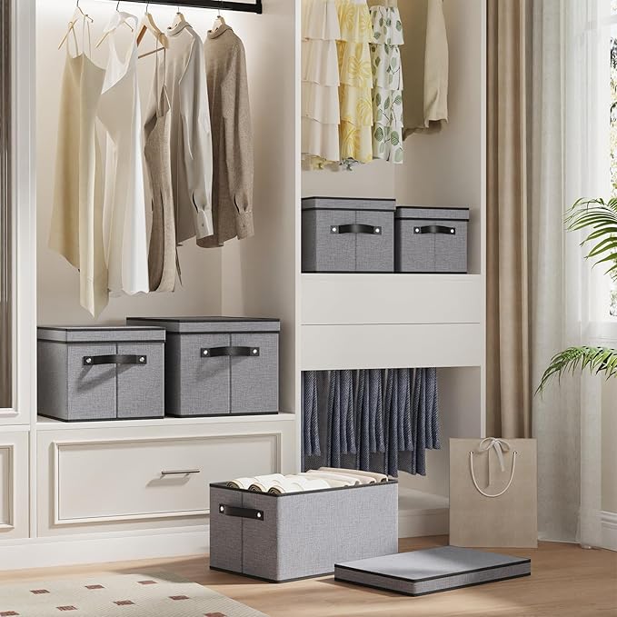 Foldable Storage Bins with Lids, 15 x 9.8 x 8.3 Inch Storage Boxes with Handles, Fabric Closet Organizers for Wardrobe, Gray, 3-Pack