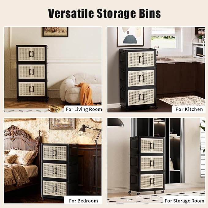 Storage Bins with Lids, Stackable Storage Containers with Lids, Collapsible Plastic Bins, Closet Organizers and Storage with Wheels and Magnetic Door for Home Office Dorm (4 Pack)