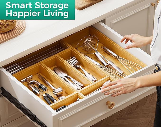Bamboo Kitchen Drawer Organizer Set of 2, Stackable 12" x 6" Wood Silverware Utensil Tray for Drawers Bins, Cutlery & Flatware Storage – Wooden Boxes Organizers for Junk Drawer, Bathroom, RV