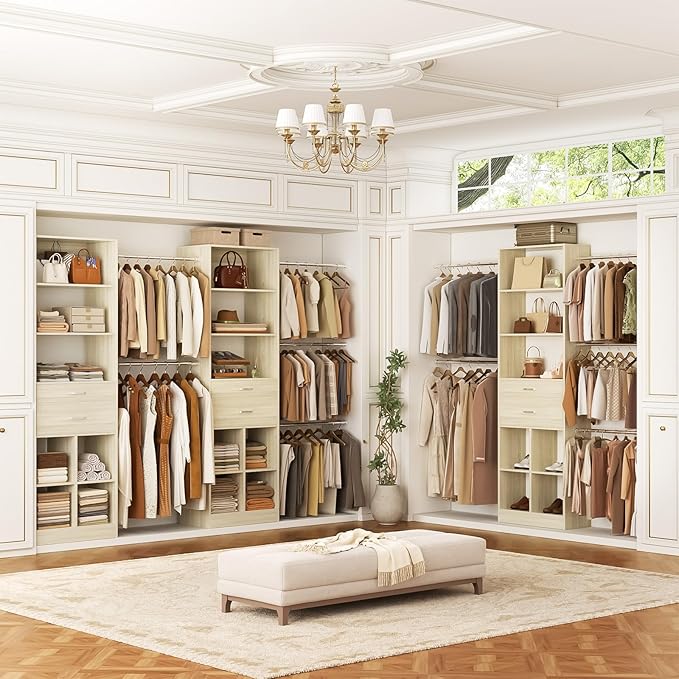 Besiost Closet System, 4-8 FT Closet Organizer Tower with 2 Wooden Drawers and Shelves, Can Fit 60 to 96 inch Walk-in Closet System with 5 Hang Rods, Built-in, Greige Oak