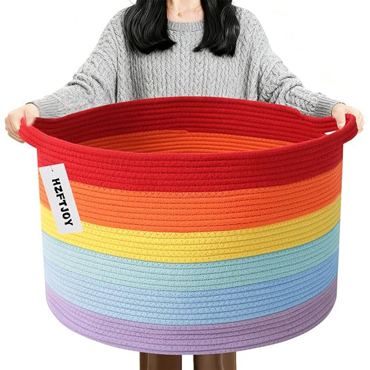 90L Large Blanket Basket,21.7"L x 21.7"W x 13.8"H Rope Woven Baskets with Handles, Toys Storage Bins,Laundry Basket Perfect for Living Room, Nursery,Bedroom,Home Organization,Rainbow