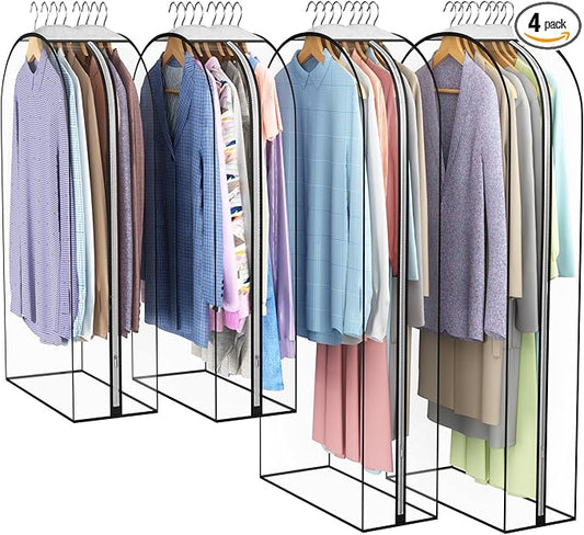 Liuoud Clear Garment Bag for Hanging Clothes 10” Gusseted, (40&50") Suit Bags for Open Closet Storage Plastic Clothes Cover for Coat, Dress, Shirts, Fur, Jacket, Wardrobe Protectors, 4 Pack