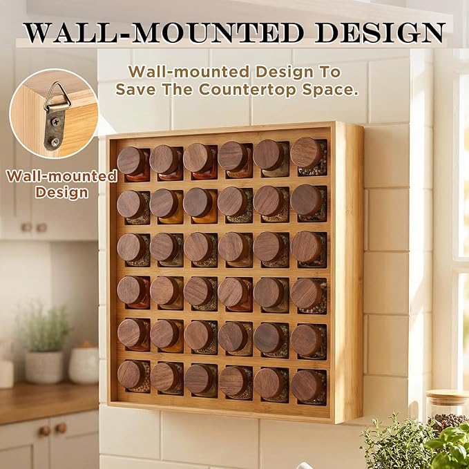 Novabright 36 Grids Bamboo Spice Rack Organizer, Wooden Spice Rack Wall Mount with Square Compartments, Wood Hanging Shelf for 4 oz Glass Jar Drawer Cabinet Kitchen Countertop Wall