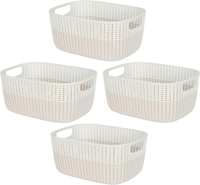 Simplify 4 Pack 2 Tone Sailor Knot Plastic Storage Tote | Decorative Basket | Closet Organization | De-clutter | Accessories | Toys | Bathroom Organization | Large | Ivory