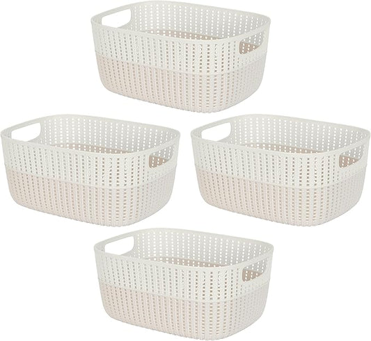 Simplify 4 Pack 2 Tone Sailor Knot Plastic Storage Tote | Decorative Basket | Closet Organization | De-clutter | Accessories | Toys | Bathroom Organization | Large | Ivory