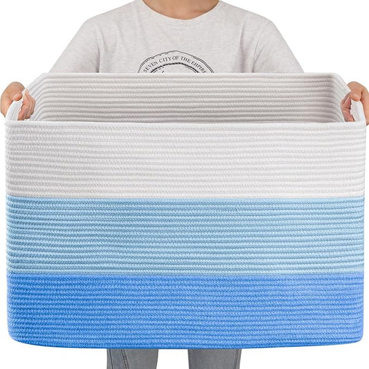 OIAHOMY 108L Super Large Blanket Basket, 25”x16”x16” Rectangle Woven Baskets for Storage, Cotton Rope Basket For Living Room, Toy Storage with Handle - Gradient Light Blue