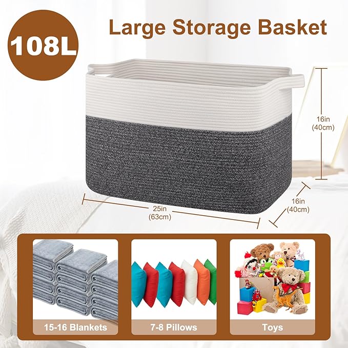 OIASKET XXXL Supre Large Blanket Basket for Clothes, Towels, Pillows, 108L Cotton Rope Storage Basket for Living Room, Supre Large Woven Toy Storage for Kids, 25" x 16" x 16", Dark Grey and White