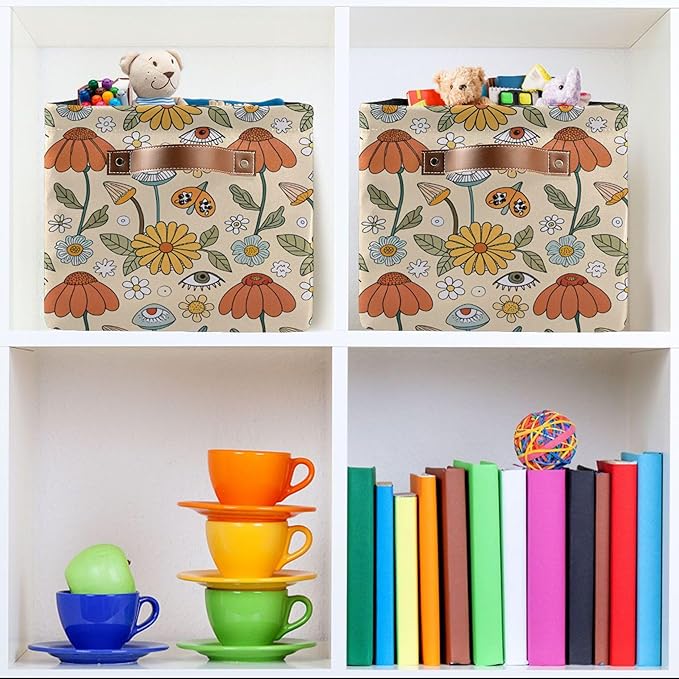 xigua Mushroom Eyes Storage Basket Collapsible Storage Bins Waterproof Canvas Storage Basket with Leather Handles for Home Closets Offices,Bedrooms,Gift Baskets,1PCS
