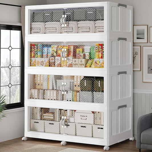 960QT Extra Large Stackable Storage Bins with Lid, 240Gal Plastic Closet Organizers and Storage Drawer, Collapsible Cabinet Box with Wheels Clear Doors for Home Kitchen Office, 4Pack White