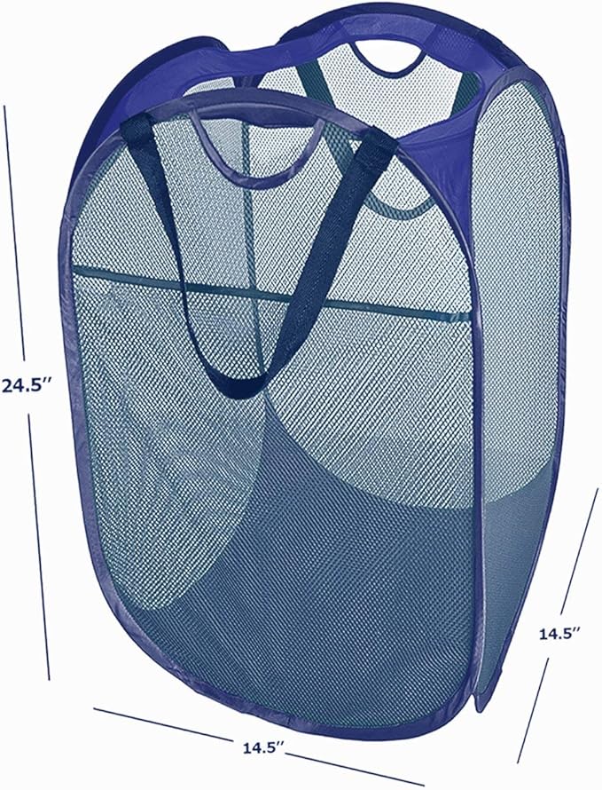 [Reinforced] Strong Mesh Pop-up Laundry Hamper,HOUSE AGAIN Quality Collapsible Laundry Basket with Durable Handles Solid Bottom High Carbon Steel Frame, Easy to Open and Fold Flat for Storage(Blue)