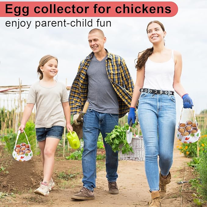 Egg Collecting Basket, Canvas Egg Basket for Gathering with 7 Pouches for Chicken, Duck, Goose, Bird, Various Poultry Collection (Cartoon Chicken Style 2)