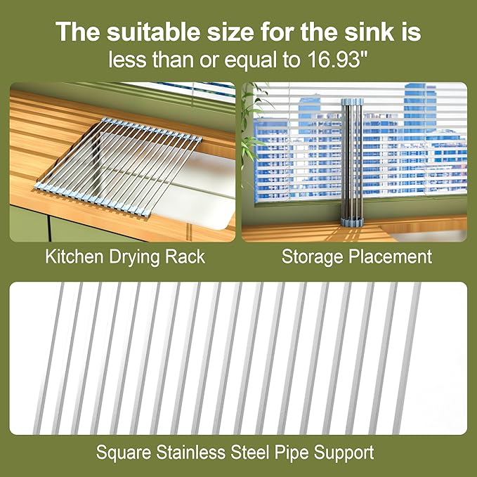 16.93 ×12.91 Inch Sink Drying Rack Roll Up, Silicone Wrapped 304 Square Stainless Steel Over the Sink Dish Drying Rack Counter Kitchen Home RV Essentials Foldable Sink Organizer,Grey
