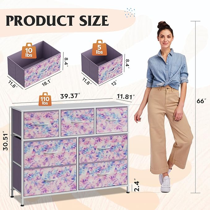 WLIVE 7 Drawer Dresser TV Stand, Entertainment Center, Media Console Table with Wood Top for TV up to 45 inch, Chest of Drawers for Bedroom, Living Room, Tie-dye Print (Pink, Purple, Blue)