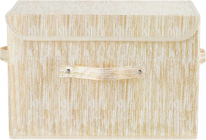 2PCS Decorative Storage Boxes with Lid Luxury Metallic Fabric Storage Bins Organizer Container Collapsible Shelf Basket with Handles for Home Bedroom Closet Office (Gold, Large Size)