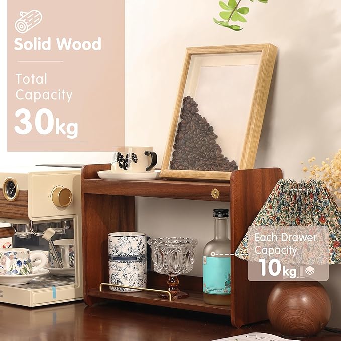 Coffee Mug Holder Wooden Cup Rack Mug Display Shelf Coffee Cup Holder for Countertop with 2 Tier Wood Coffee Mugs Holder for Kitchen Coffee Cup Storage