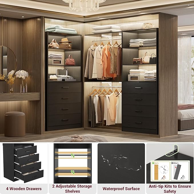 Aheaplus Closet Drawers Organizer System, 21.3" Wood Closet System with 4 Drawers, Modular Walk-in Closets Storage Unit, Tall Bookshelf Storage Cabinet, Black