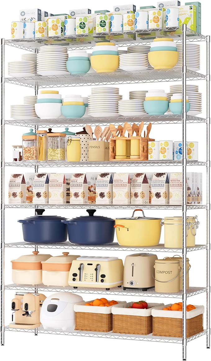 Finnhomy 4000LBS 8-Tier Wire Shelving Unit Adjustable Steel Wire Rack, 18x48x80.2 Inches 8 Shelves Metal Rack, Pantry Shelves for Storage, Metal Garage Shelving with 1" Poles, NSF Certified, Chrome