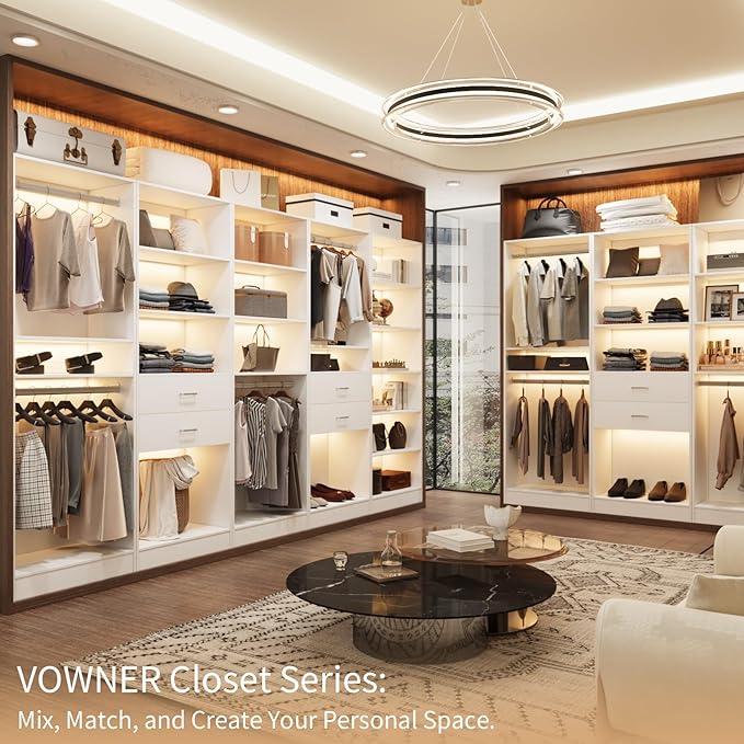 VOWNER 50'' Freestanding Closet System with Drawers & Hanging Rod, Wood Closet Organizer System, Walk-in Closet Shelving Unit, Clothes Garment Rack, Armoire Wardrobe Closet Bedroom Entryway