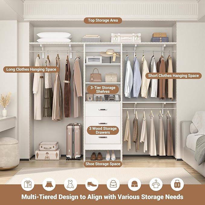 Besiost Closet System with Drawer - 8FT Wood Closet Organizer System with 3 Hanging Rods and Shelving Tower, 96" Walk In Closet Organizer Wardrobe, Heavy Duty Garment Rack Clothes Rack, White