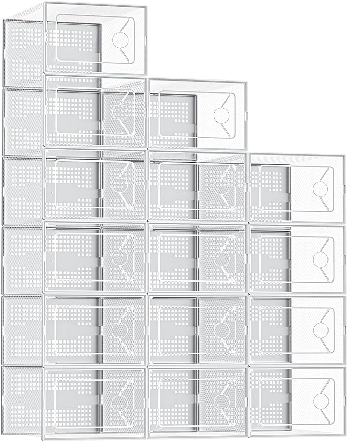 DUMOS Shoe Storage Boxes, 15 Pack Stackable Clear Shoe Containers with Lids, Display Sneaker Case Organizer for Closet, Under Bed, Entryway,White (Fit Size 11)