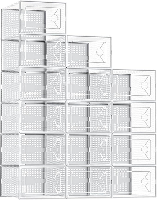DUMOS Shoe Storage Boxes, 15 Pack Stackable Clear Shoe Containers with Lids, Display Sneaker Case Organizer for Closet, Under Bed, Entryway,White (Fit Size 11)