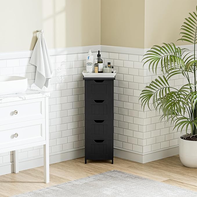 SUPER DEAL Small Bathroom Storage Cabinet with 4 Drawers, Freestanding Narrow Wooden Side Storage Organizer for Bathroom Hallway Living Room, Black