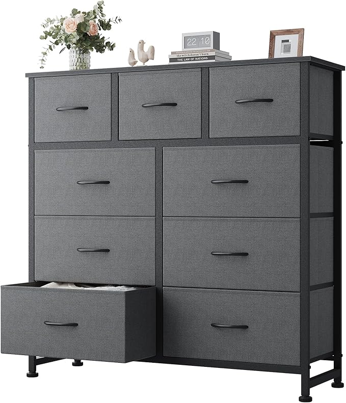 DUMOS Dresser for Bedroom, Dressers & Chests of Drawers Dresser Organizer, Wood Top Table Furniture with 9 Fabric Storage Tower Unit, Chest of Drawers for Closet, Living Room, Hallway, Porch