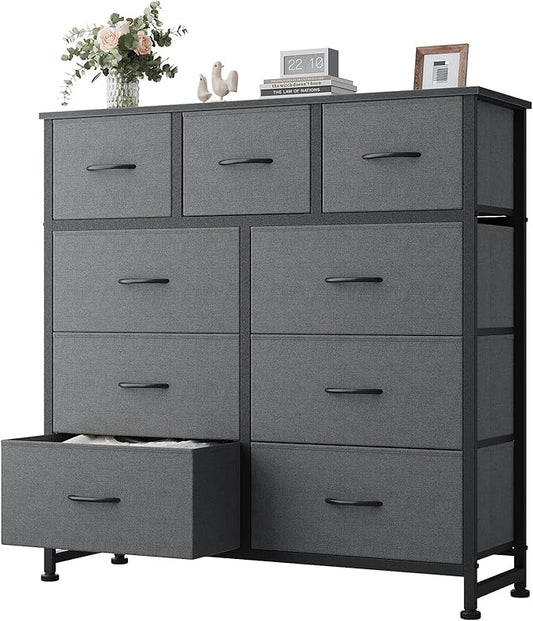 DUMOS Dresser for Bedroom, Dressers & Chests of Drawers Dresser Organizer, Wood Top Table Furniture with 9 Fabric Storage Tower Unit, Chest of Drawers for Closet, Living Room, Hallway, Porch