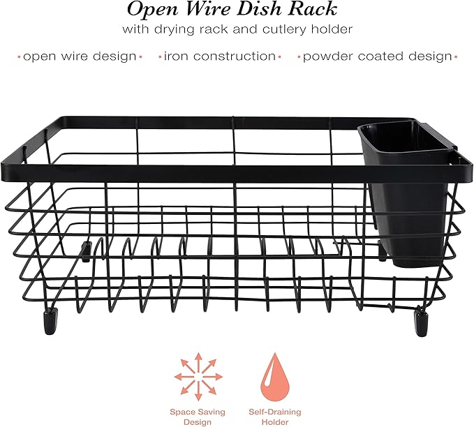 Kitchen Details Flat Wire Countertop or Over The Sink Dish Drying Rack with Cutlery Basket | Holds up 10 Dishes | Mugs | Kitchen Accessories | Black