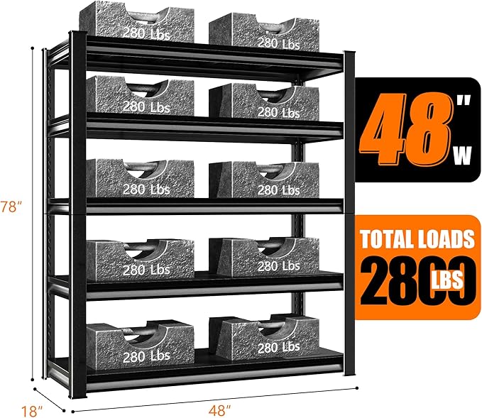 78" H 5-Tier Garage Shelving Heavy Duty, 2800LBS Loads Garage Storage Shelves, Metal Shelving Units and Storage Racks, Industrial Utility Shelf,48" Wx18 Dx78 H