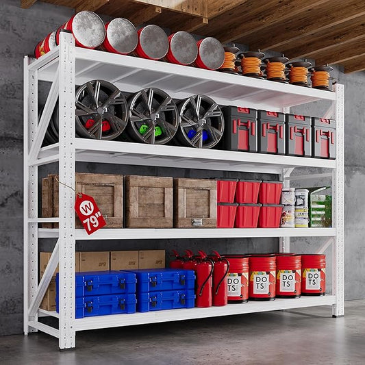 79”W Garage Shelving Heavy Duty, 7000LBS Metal Storage Shelves, 24” Deep Storage rack shelf, Steel Tall Industrial Shelving , 4 Tier Adjustable Standing Shelf for Warehouse / Shop 79"W x 24"D x 79"H