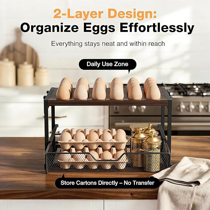 2-Tier Wooden Egg Holder Countertop with Basket – Holds 24+60 Chicken, Duck & Quail Eggs, Easter Eggs – Compact Countertop Holder with Carry Handle for Easy Transport