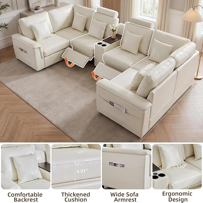 LEVNARY 6-Seat U Shaped Modular Sectional Sofa with Power Recliners, Upholstered Faux Leather Couch Storage Console with Charging Ports & Cup Holders, Living Room Couch Set for Home Office (White)