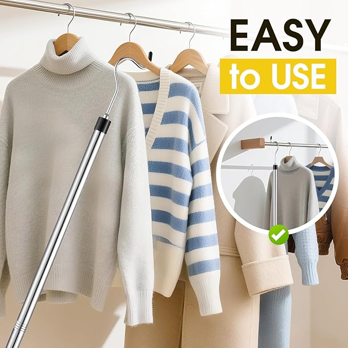 Clothes Hook Pole, Extendable from 35" to 50" Stainless Steel Closet Pole Reacher with S-Shaped Hook for Hanging Clothes, Plants, Lights