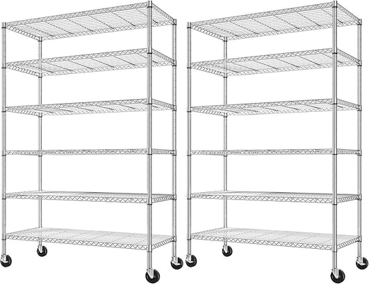 Romorgniz 82" H X45 W X18 D Storage Shelves with Wheels, 6 Tier Wire Shelving Adjustable Metal Shelving Pantry Shelves Capacity 1200LBS for Garage Shelving, Pantry, Kitchen, Commercial, Chrome，2P