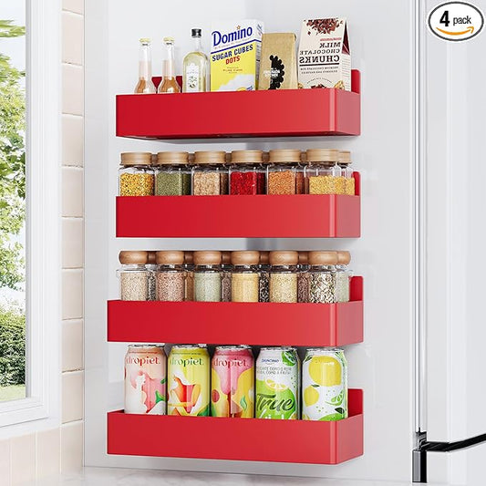 Mystozer Magnetic Spice Rack for Refrigerator, Kitchen Organizer and Storage Shelf, Red (4 Pack)…