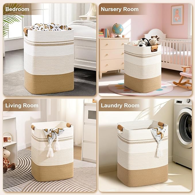 Laundry Hamper, 75L Tall Laundry Basket with Leather Handles, Rectangle Large Clothes Hamper for Organizing, Cotton Woven Laundry Baskets Storage Hampers for Bedroom, Nursery, Living Room