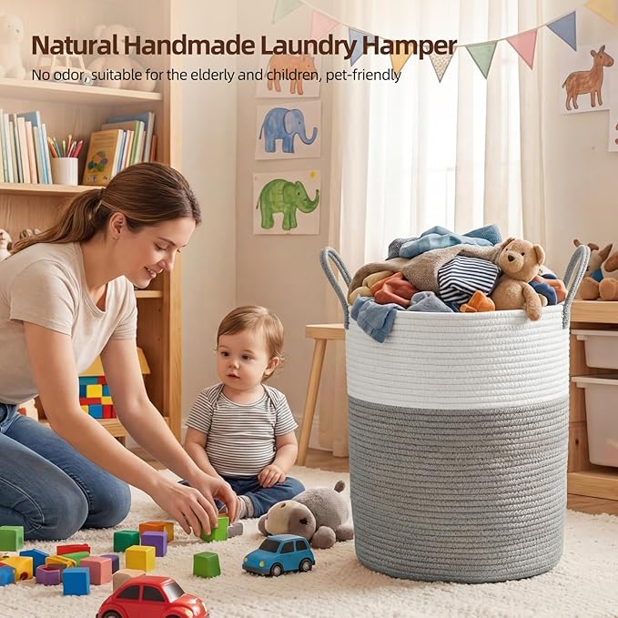 OIAHOMY Large Laundry Basket Hamper - 60L Cotton Rope Woven Basket for Blankets, Toys, Clothes - Tall Decorative Nursery Hamper with Long Handles, Grey/White