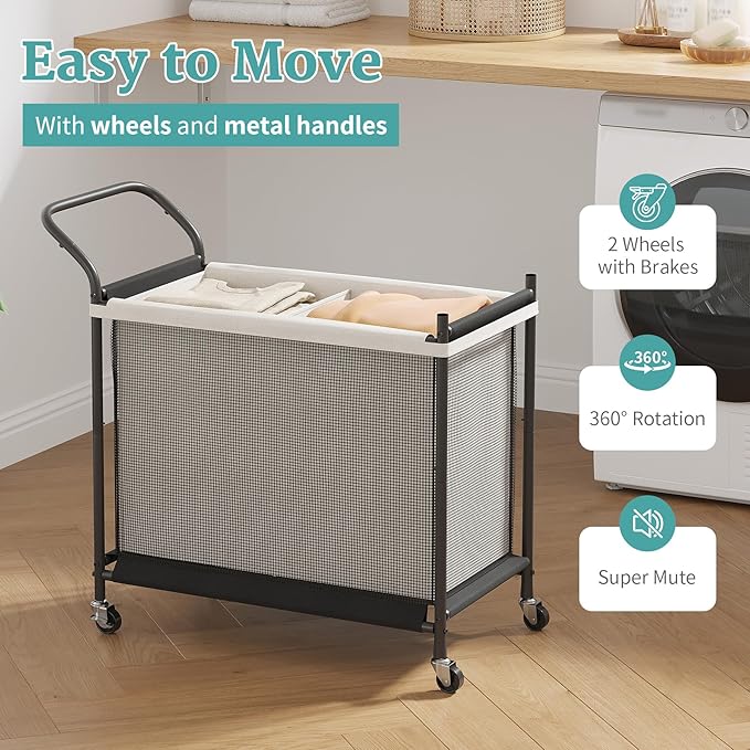 Laundry Hamper with Wheels - 2 Section Laundry Basket 140L, Removable Washable Bags, Height-Fitted Rolling Laundry Cart for Laundry Room & Bedroom
