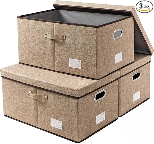 PRANDOM Storage Bins with Lids [3-Pack] Jute Fabric Foldable Storage Boxes Organizer Containers Baskets Cube with Cover for Home Bedroom Closet Office Nursery khaki（23.4X15.9X11.5