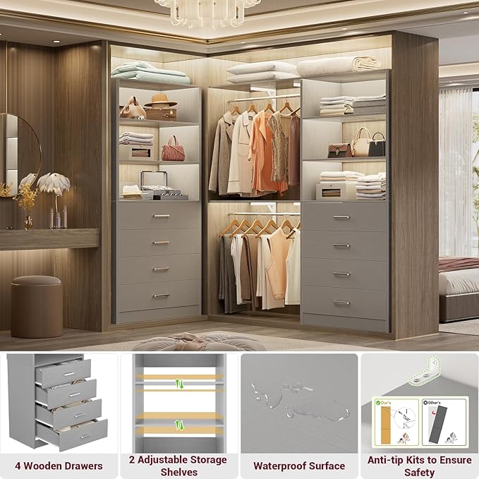 Aheaplus Closet Drawers Organizer System, 21.3" Wood Closet System with 4 Drawers, Modular Walk-in Closets Storage Unit, Tall Bookshelf Storage Cabinet, Grey
