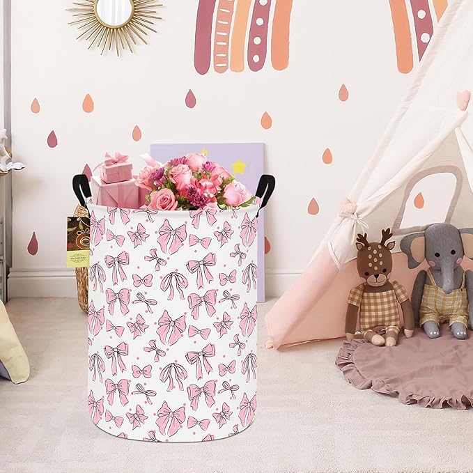 HUNRUNG Collapsible Fabric Storage Basket, Waterproof Laundry Hamper with Handles, Round Storage Bin for Clothes Toys, Foldable Organizer for Bedroom Nursery Bathroom(Round-Pink Bow)